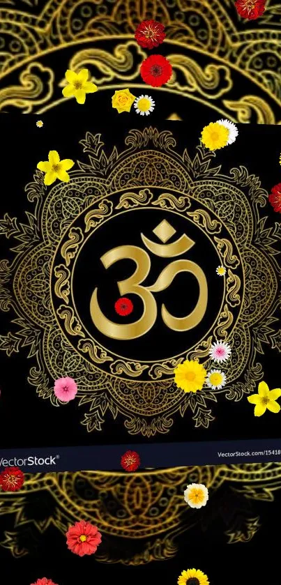 Golden mandala with Om symbol and colorful flowers on black background.