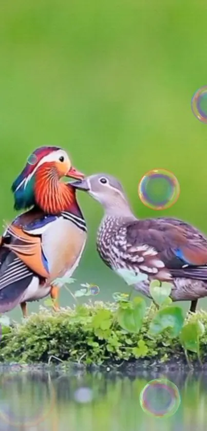 Colorful Mandarin ducks on lush greenery background.