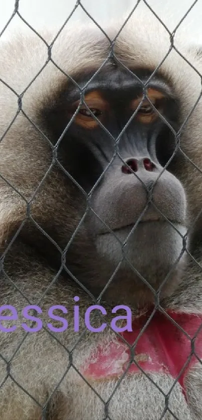 Mandrill behind a chain-link fence with a pink chest.