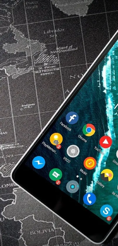 Mobile phone with map background wallpaper.