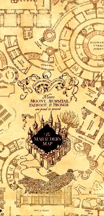 Vintage Marauder's Map with detailed castle design on a beige background.