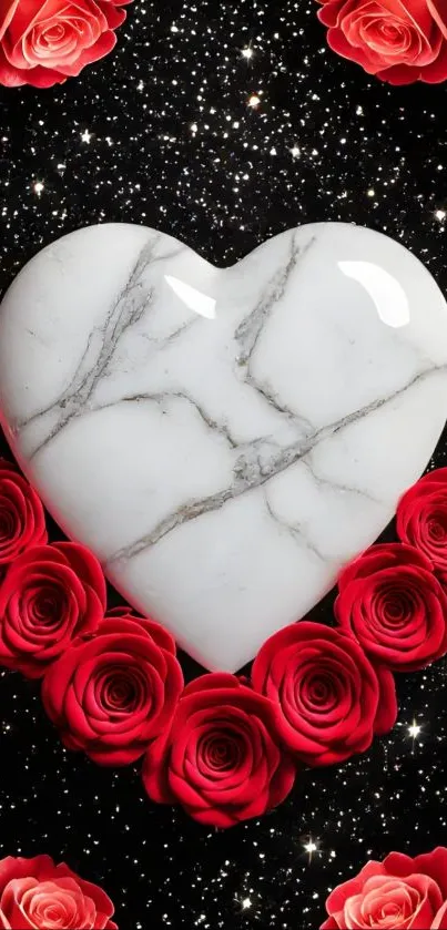 Marble heart surrounded by red roses with starry background.