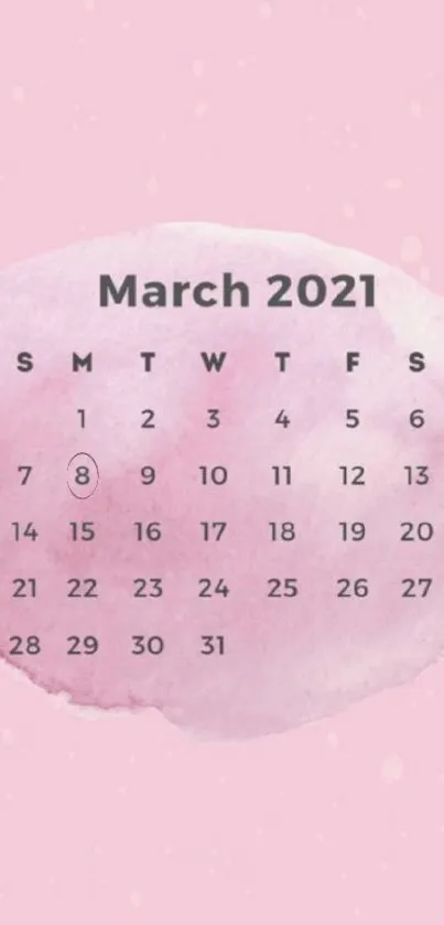 March 2021 calendar with pink floral design.