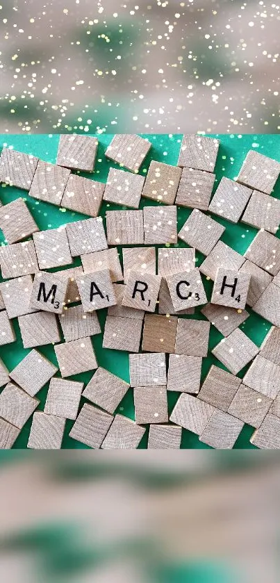 March wooden letter tiles on green background.