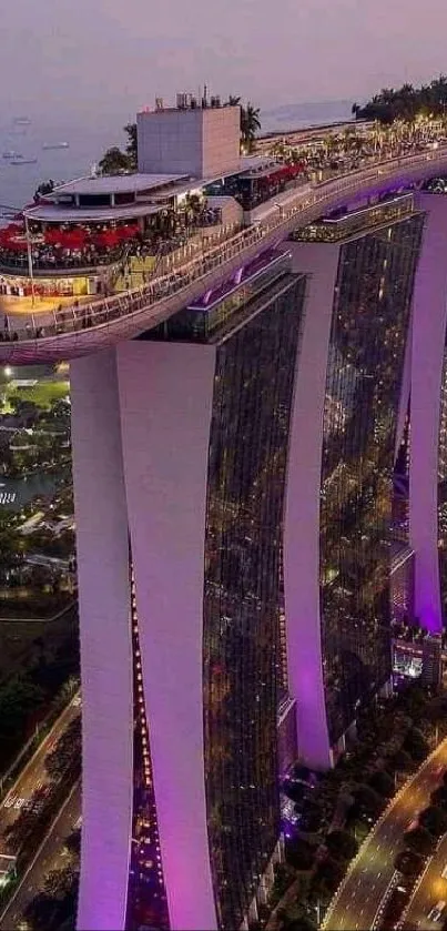 Evening view of Marina Bay Sands with vibrant twilight hues and city lights.