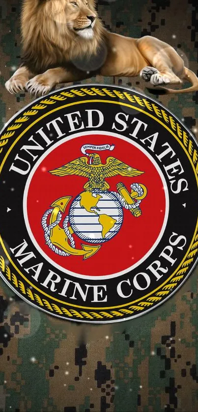 Marine Corps emblem on camouflage with lion.