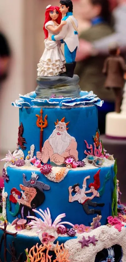 Marine-themed wedding cake with ocean characters.