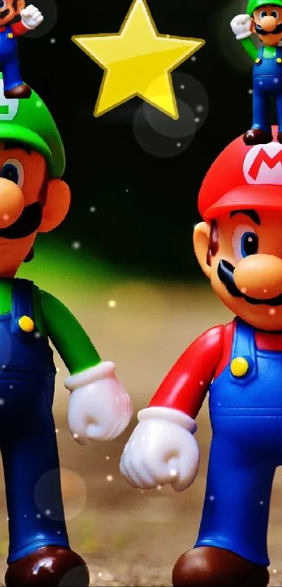 Mario and Luigi figurines in bright colors with a star on a playful background.