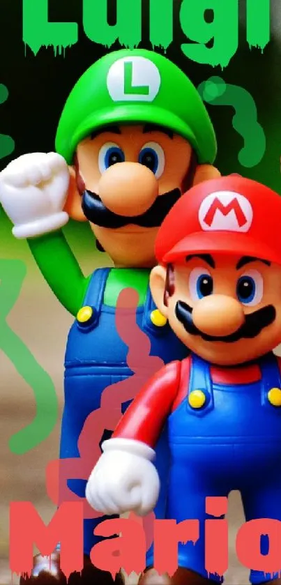 Cartoon figures of Mario and Luigi stand on a forest path in this colorful mobile wallpaper.