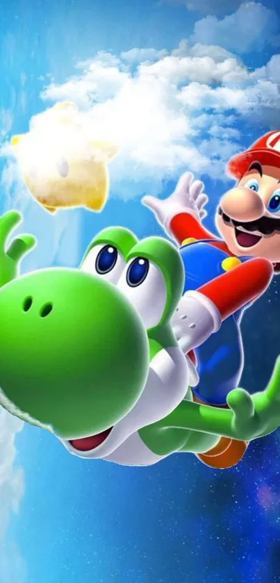 Colorful Mario and Yoshi space adventure wallpaper for mobile devices.