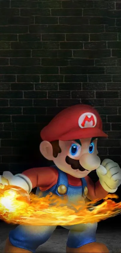 Mario with fiery punch on dark wall background.