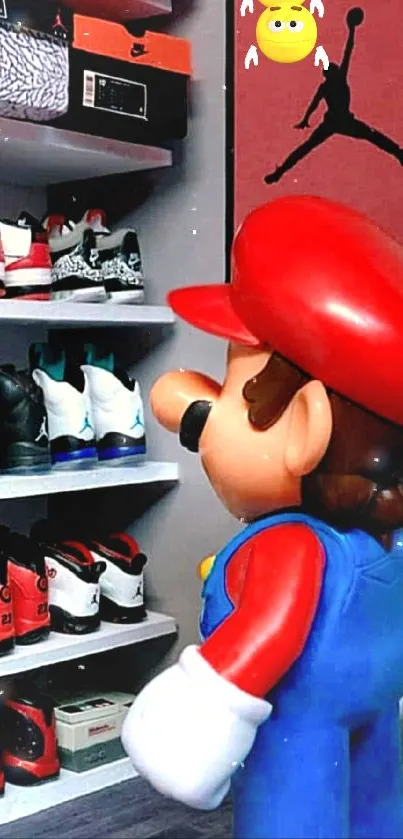 Mario observing a vibrant sneaker collection with iconic style.