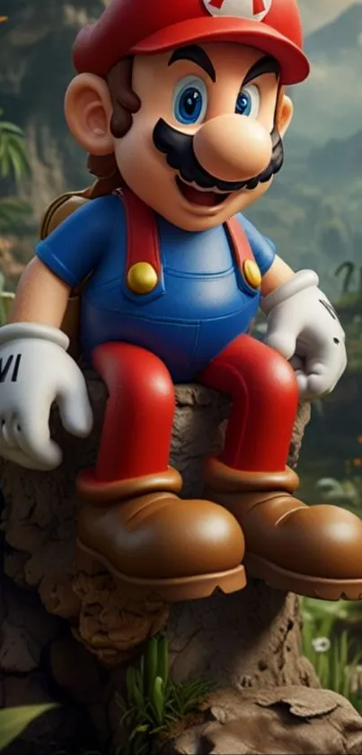Mario sitting in a dynamic natural environment.
