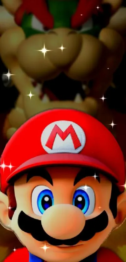 Mario with sparkling effects and Bowser in the background.