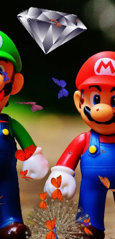 Mario and Luigi in a vibrant cartoon scene on a mobile wallpaper.