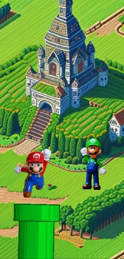 Mario and Luigi adventure by a castle in pixel art style.
