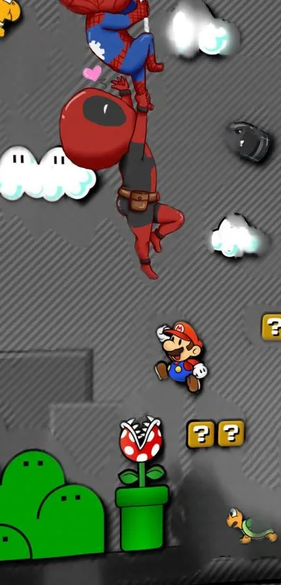 Mario and superheroes mobile wallpaper mashup with cartoon elements.