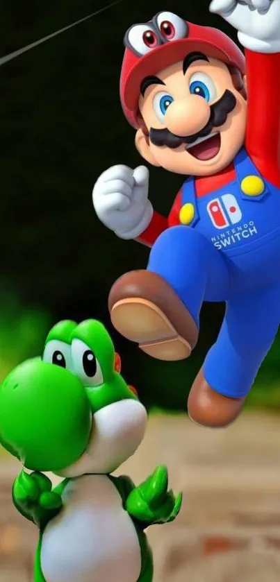 Mario jumps high beside Yoshi in vibrant wallpaper.