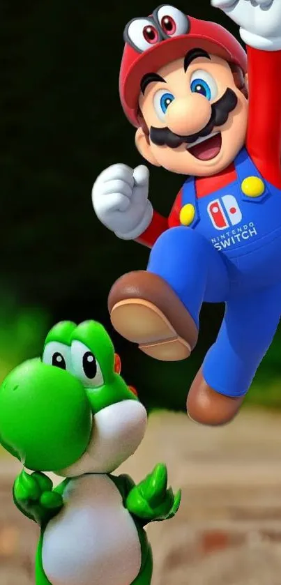 Mario jumping with Yoshi in vibrant scenery.