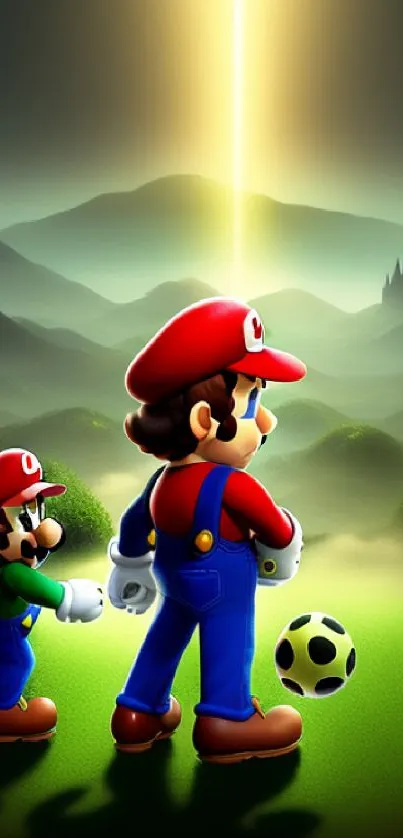 Mario and Luigi adventure in a magical landscape with a distant castle.