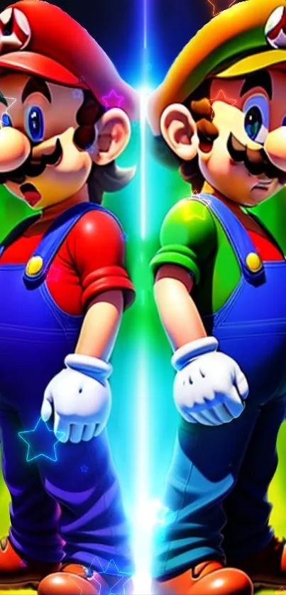 Vibrant wallpaper featuring Mario and Luigi in blue overalls with a colorful background.