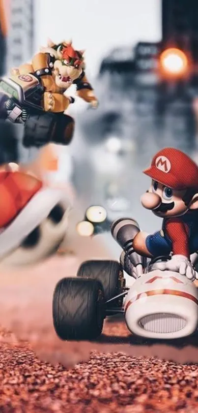 Mario and Bowser racing in karts on a lively track.