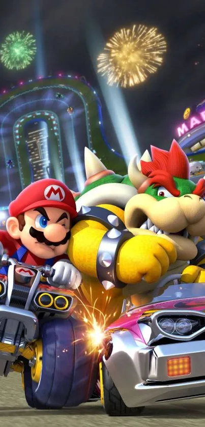 Mario Kart race scene with fireworks.