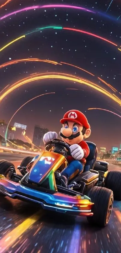 Mario Kart character driving a go-kart on a colorful race track.