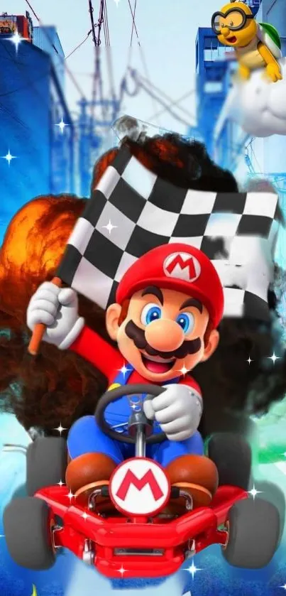 Mario drives go-kart with checkered flag in vibrant street scene.