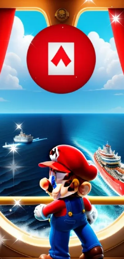 Mario looks out over ocean from a ship window in vibrant mobile wallpaper.