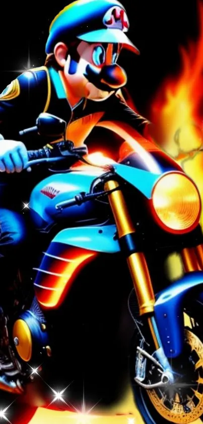 Mario riding a motorcycle with fire and sparks in the background, vibrant and dynamic scene.