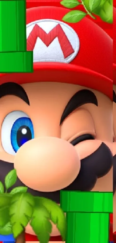 Mario winking with vibrant colors on phone wallpaper.