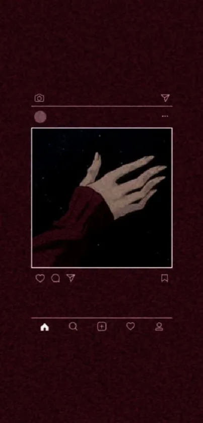 Maroon aesthetic wallpaper with hand and Instagram elements.