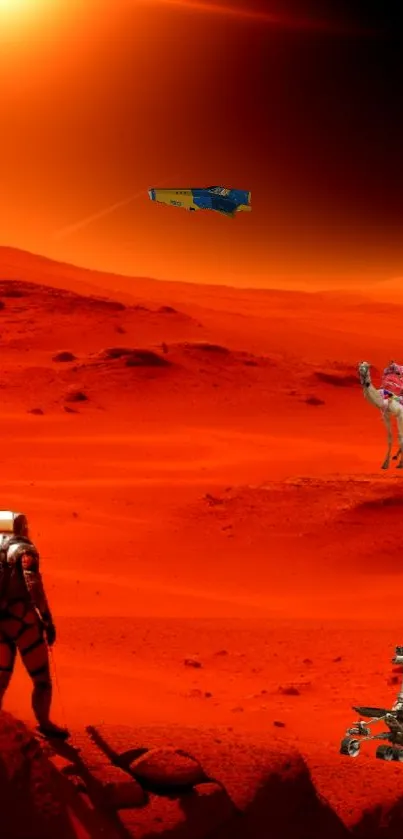 Astronaut, camel, rover on Mars with spaceship in the sky.