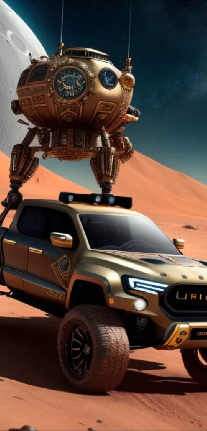 Futuristic truck with steampunk orb on Martian terrain.