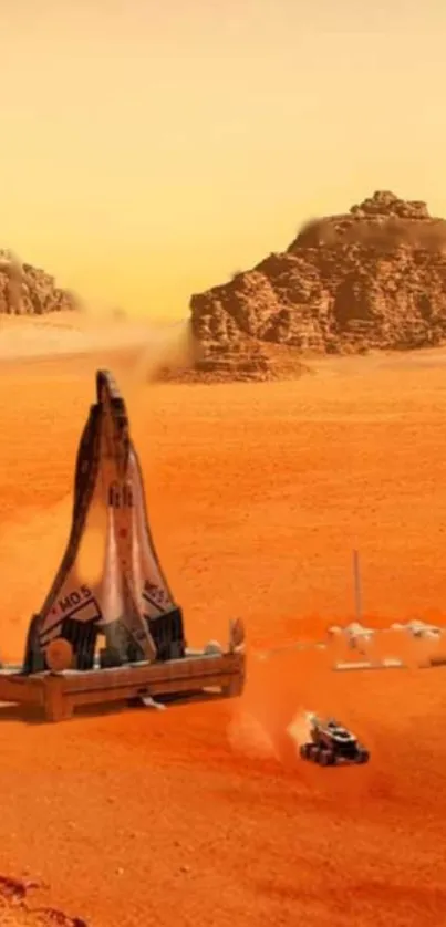 Futuristic rocket and rover on Mars landscape with mountains.