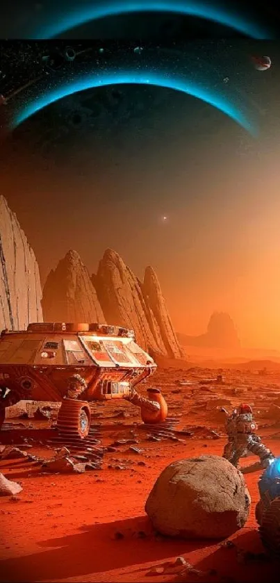 Futuristic rover on Mars with vivid red landscape and sci-fi elements.