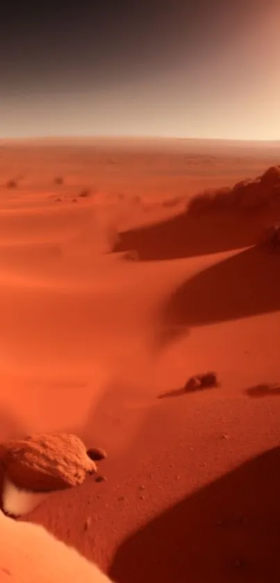 Stunning Martian desert landscape with red dunes and a clear horizon.