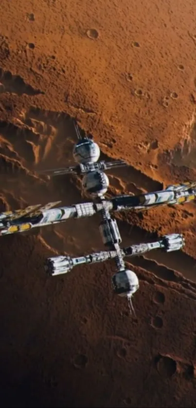 Futuristic space station orbiting Mars.