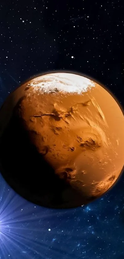 Mars planet against a vivid, starry space backdrop.