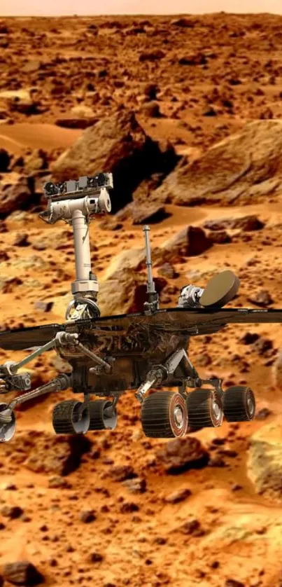 Mars rover on rugged red Martian terrain.