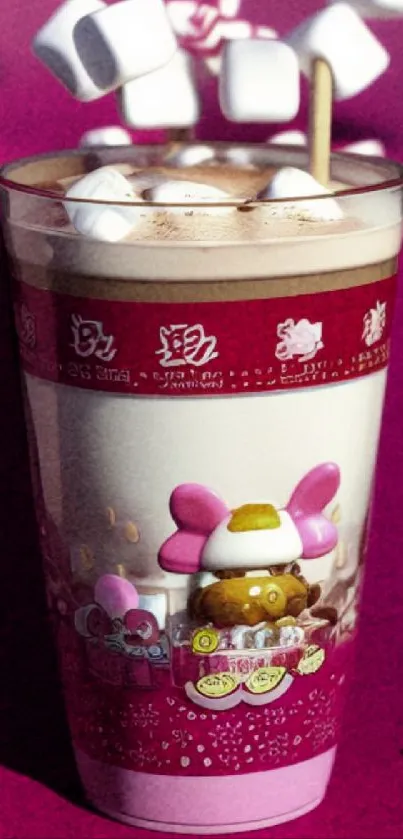 Cup of coffee with marshmallows on magenta background.