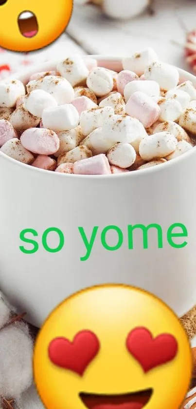 Cup of marshmallows with cute emojis.