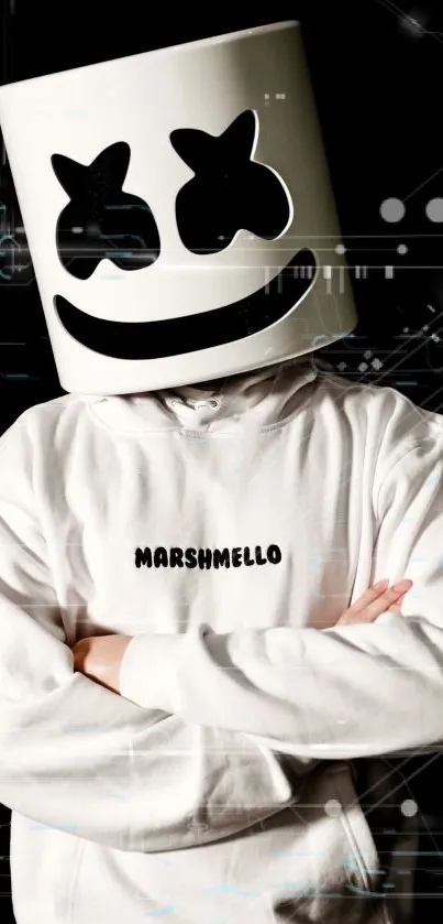 Marshmello DJ in white hoodie on black background.