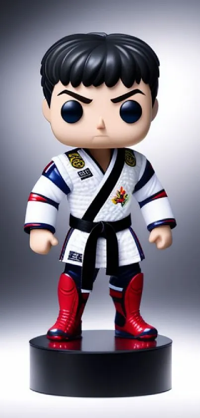Martial artist figurine in dynamic pose on sleek mobile wallpaper.