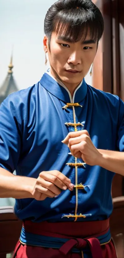 Martial artist in blue attire with serene backdrop.