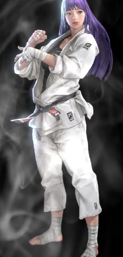 Martial artist in a gi with purple hair, set against a black background.