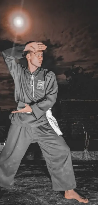 Martial artist posing under full moon in night sky.