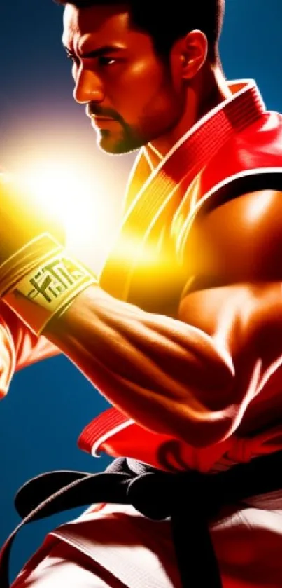 Vibrant martial arts fighter in dynamic pose with red and blue background.