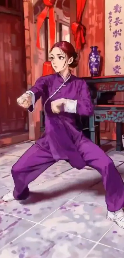 Martial artist in purple attire practicing indoors.